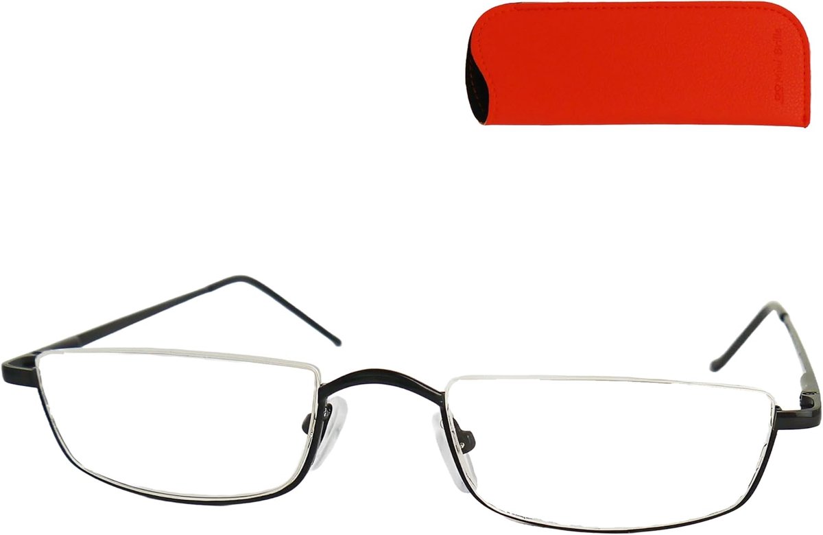 Halfrand leesbril boven – rechthoekige halfmontuur leesbril met RVS frame & flexscharnier, unisex, incl. etui