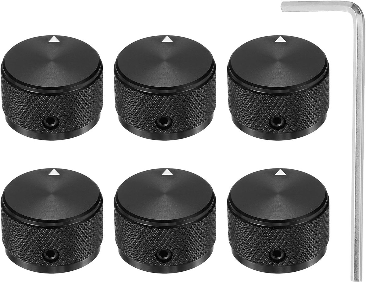 6 stuks aluminium potentiometerknoppen, 6mm x 25mm x 15,5mm universele volume-/toonregelknoppen met inbussleutel voor gitaar, bas, netbloem, zwart