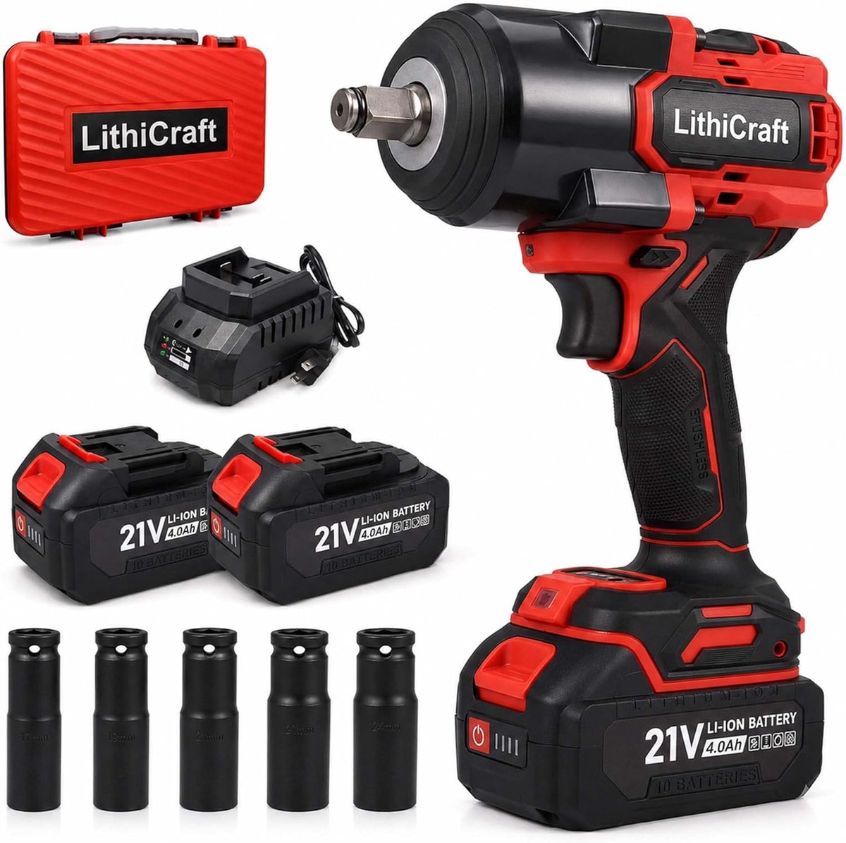 Cordless Impact Wrench 1/2 Inch, 870.07 m·lbs Brushless, 2 x 4.0Ah Battery, Quick Charger, 5 Caps - ShopVlot