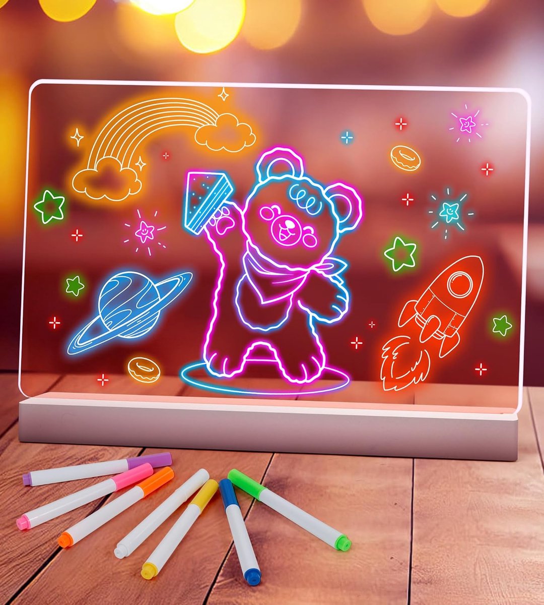 LED verlicht tekenbord voor kinderen, 20 LED neon acryl met 7 kleurmarkers, USB oplaadbaar, Perfect voor kinderkamer - ShopVlot