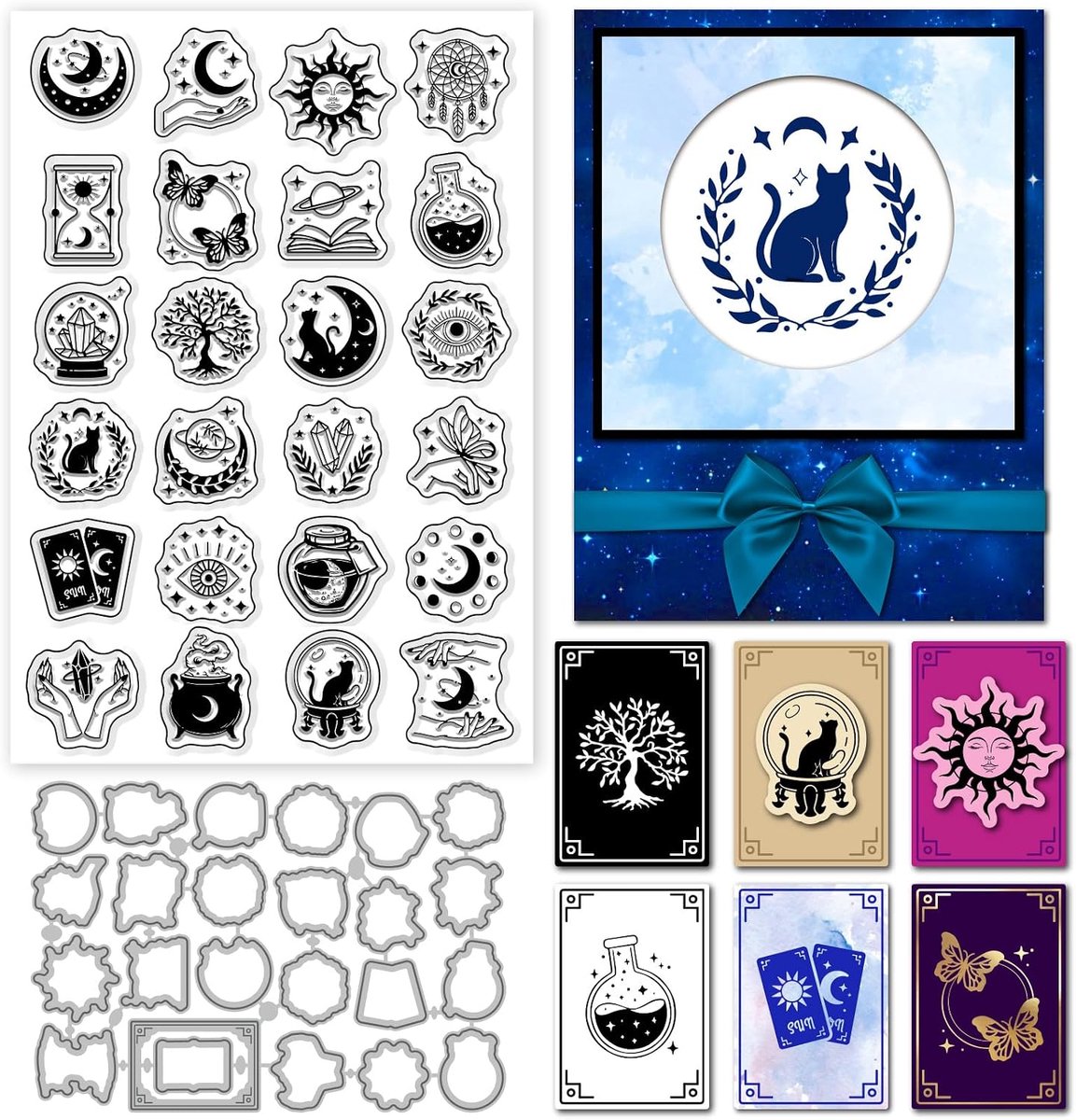 Set transparante stempels en stansvormen voor magische kaarten, zon- en maanfasen, siliconen stempels, stansvormen, boze blikken, ideaal voor doe-het-zelf scrapbooking, reliëfs en