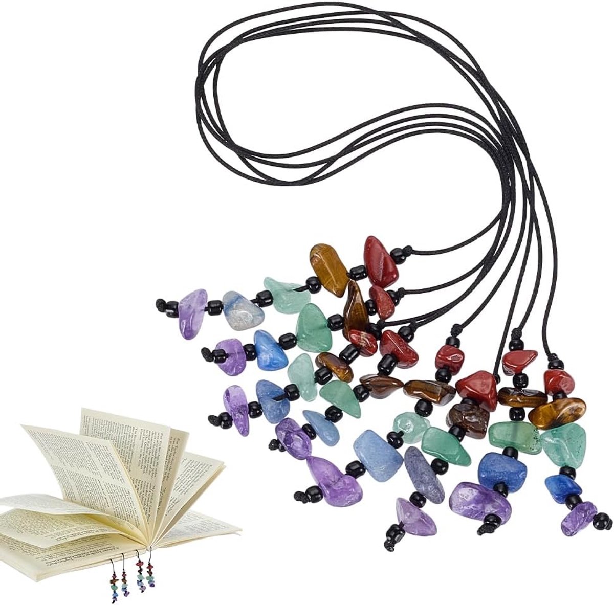 4 bladwijzers met edelsteenkralen en nylon, onregelmatige kleine bladwijzer van rode jaspis, tijgeroog, groene aventurijn, blauwe aventurijn, amethistkralen, voor het lezen van