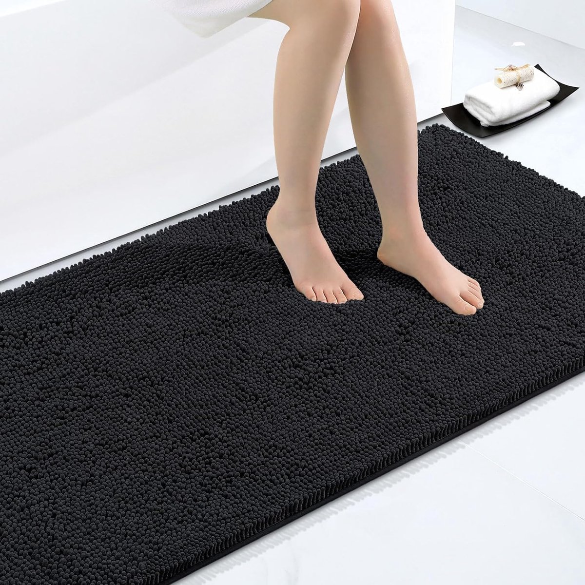 Badmat, antislip, microvezel, chenille, badkamer, absorberend, langpolig, 60 x 120 cm, zwart