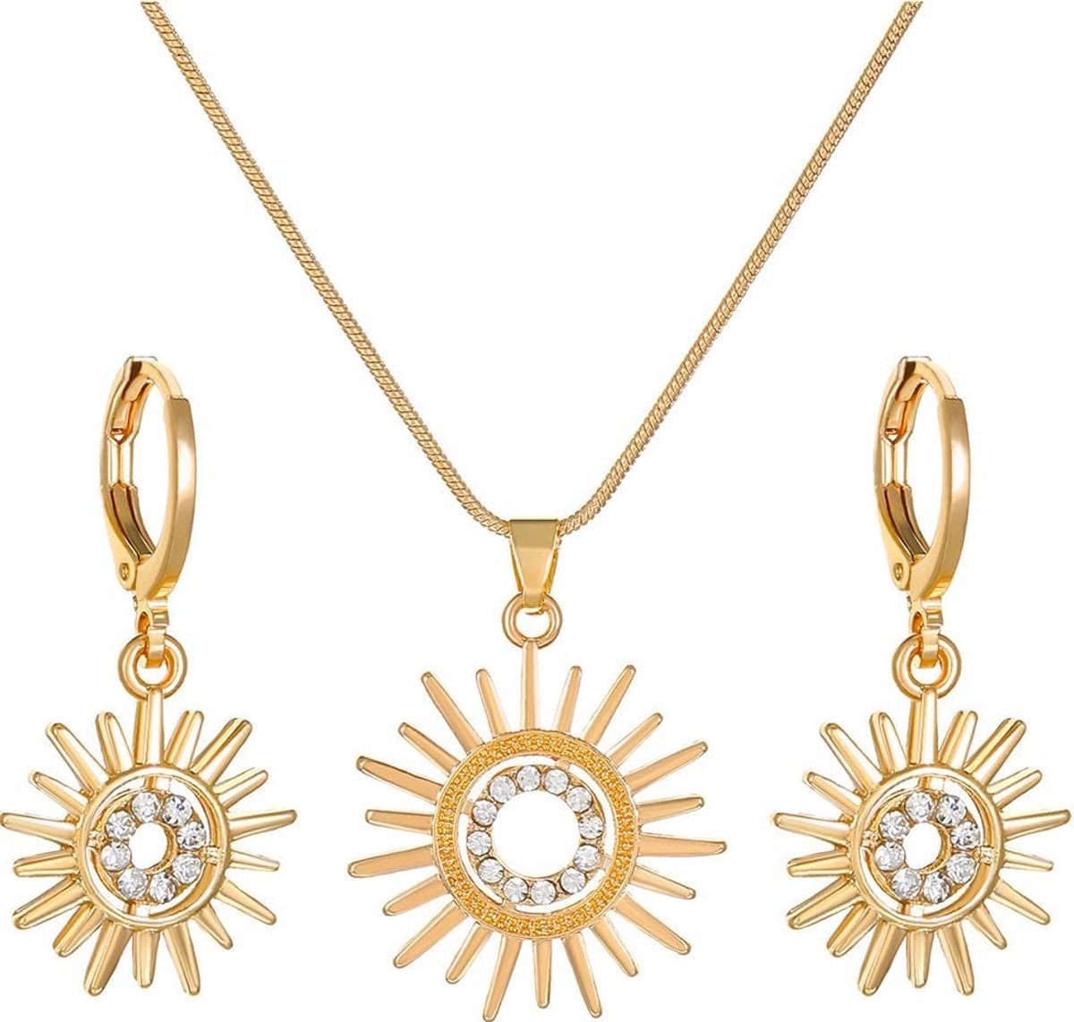 Sieradensets voor dames en meisjes, zonnesieradenset met zirkonia, halsketting, elegante vintage oorbellen, sieraden, 2-delige set voor Kerstmis, Valentijnsdag, Moederdag, Roestvrij staal, Geen