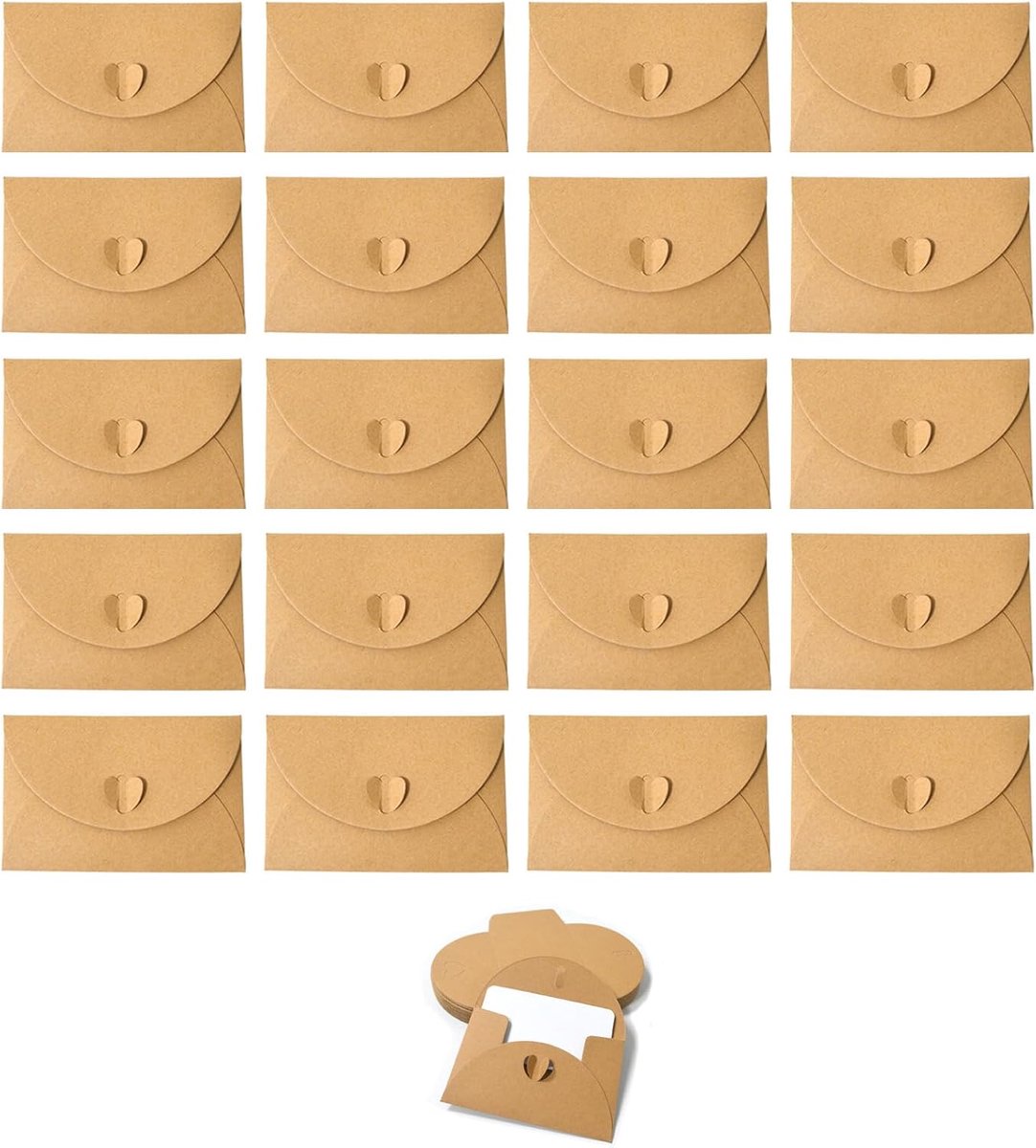 20 stuks mini-enveloppen, enveloppen met 20 blanco papieren kaarten om zelf vorm te geven, hartsluiting om zelf in te vullen, kaarten, kleine beschrijvingen, cadeaubonnen, briefjes voor berichten​