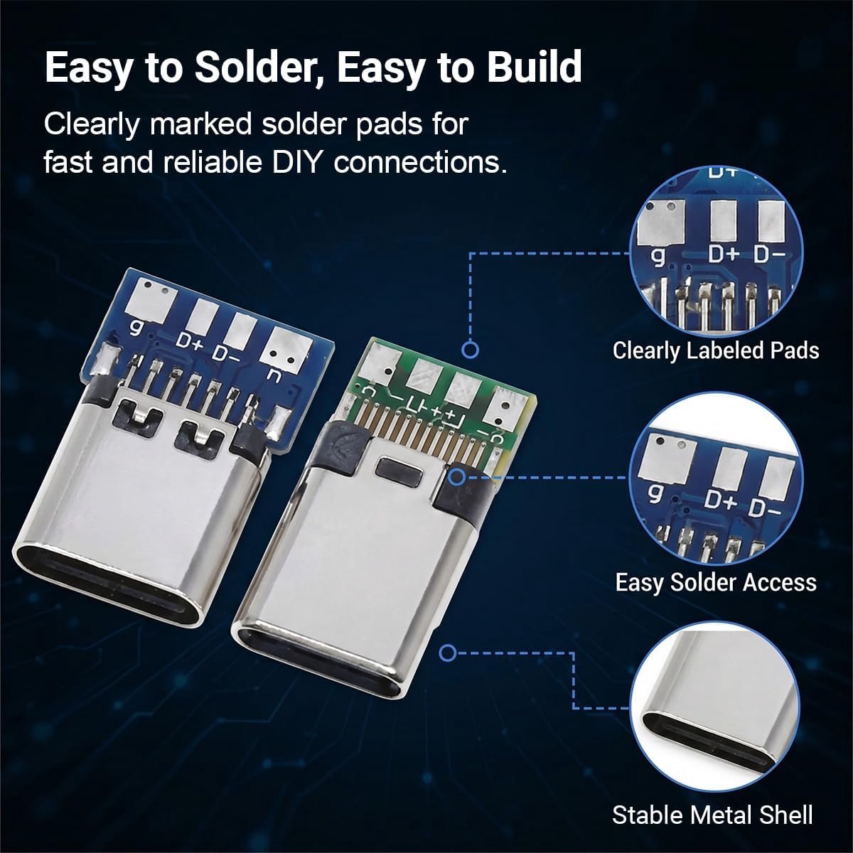 20 stuks USB C 3.1 module, DIY breakout board, USB C-connector om te solderen met pigtail klemmenblok voor reparatie projecten breadboard