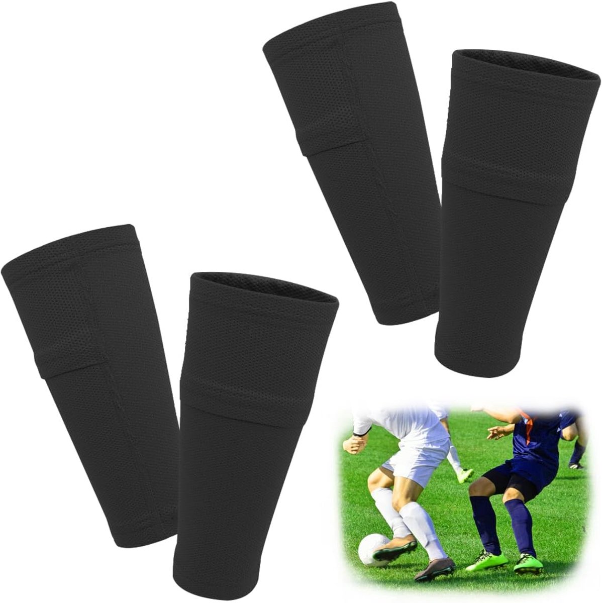 2 paar scheenbeschermerhouders voor kinderen en heren, steunen met geoptimaliseerde steekzak, voetbal, scheenbeschermers, mouwsokken, ademend, antislip, stabiel