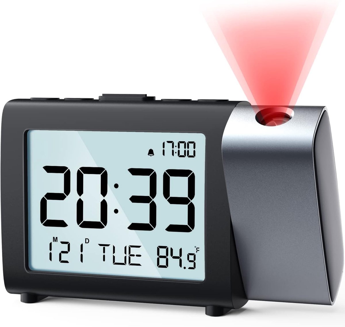 Projectiewekker voor slaapkamer: digitale lcd-klok met temperatuurdatum sluimeren 12/24 uur en weekendmodus, eenvoudige dimklok met 2 niveaus volume, netvoeding en batterijvoeding