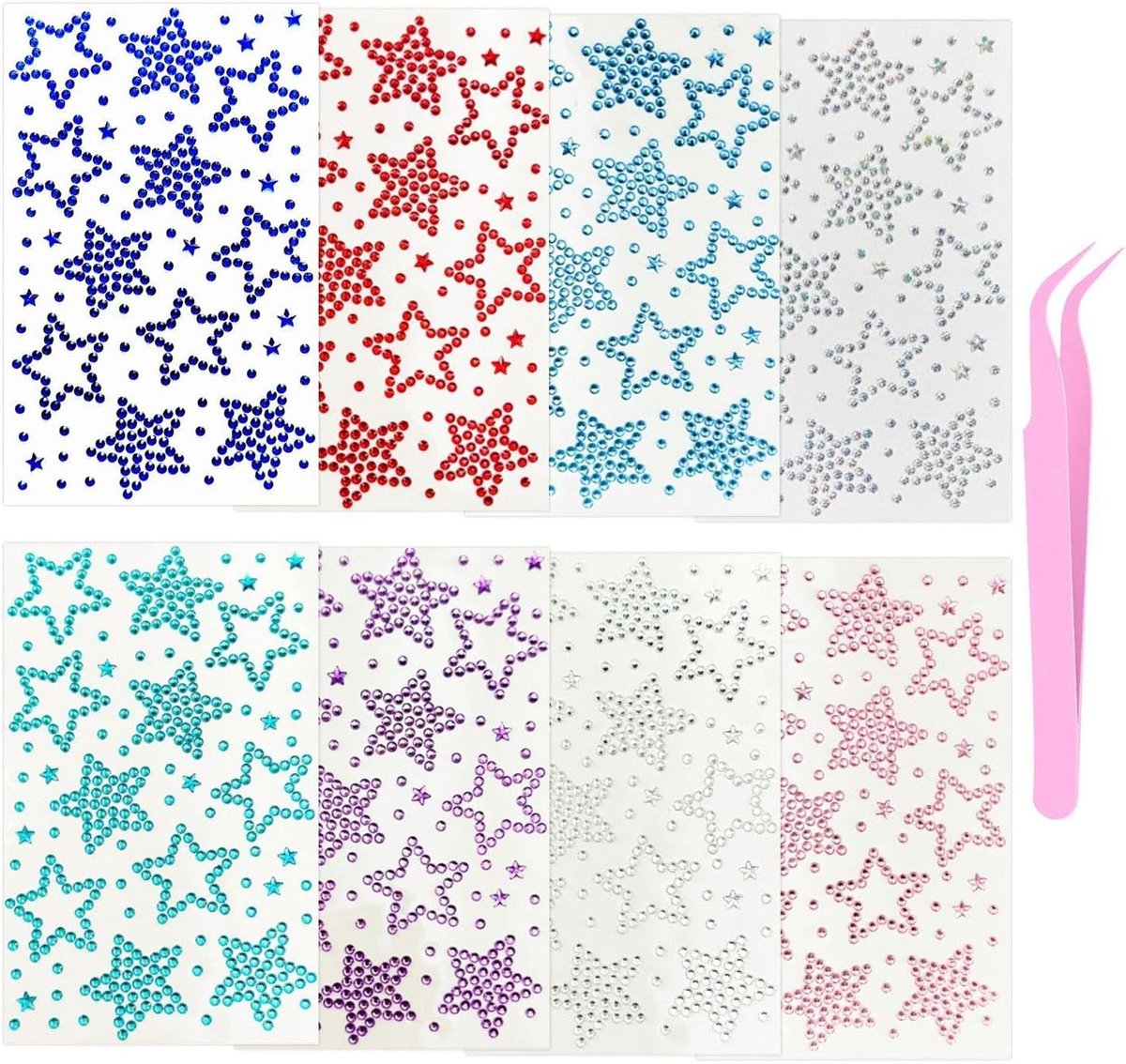 8 Kleurrijke Stervormige Knipperende Diamant Stickers En 1 Stuk Pincet Met Zijn Eigen Lijm, Die Kan Worden Bevestigd Zodra Het Is Gescheurd, Y2K Millennium Stijl Make-Up, Festivals En Feesten.