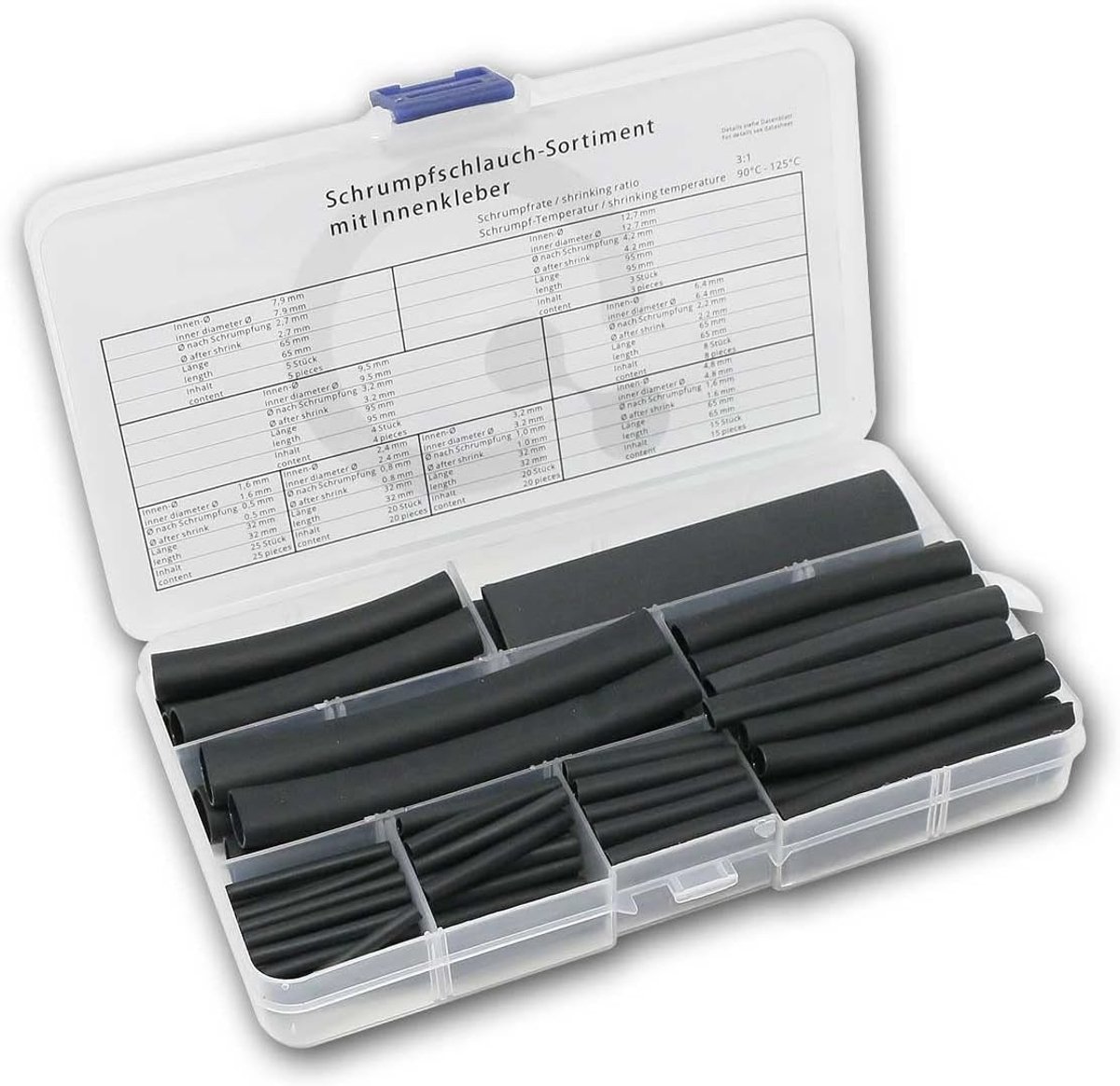 Krimpkousset, 100 stuks, diverse lengtes, krimpverhouding 3:1, zwart, snelkrimpend en vlamvertragend, in PE opbergdoos