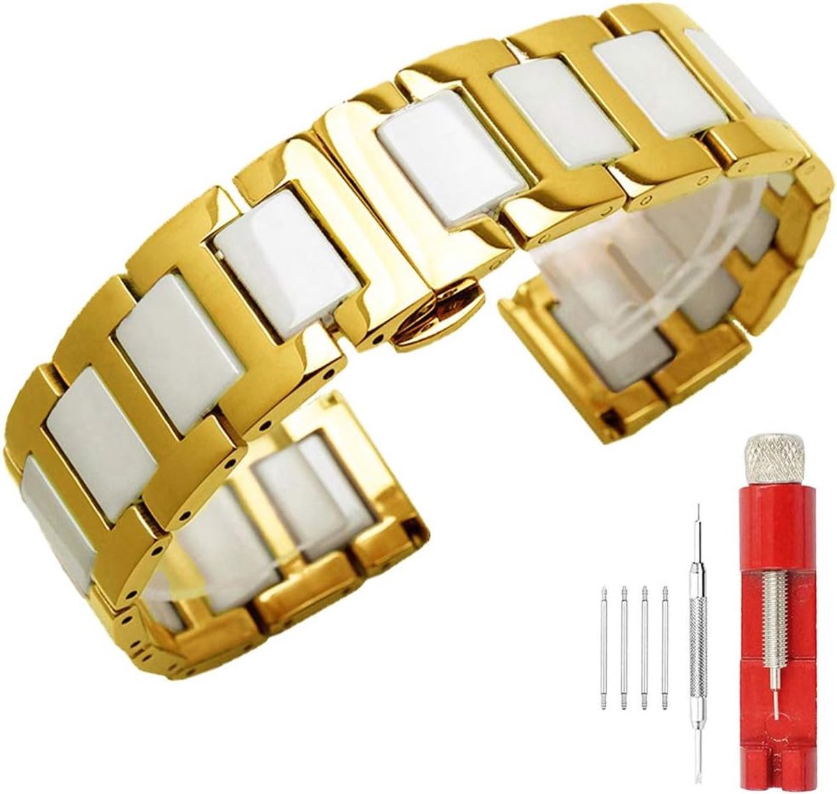RVS Horlogeband Keramische Armband Band Alle Links Verwijderbare Vervangingsband Met Gereedschap 14 mm 16 mm 18 mm 20 mm 22 mm, Goud staal+wit keramiek, 16mm, Klassiek