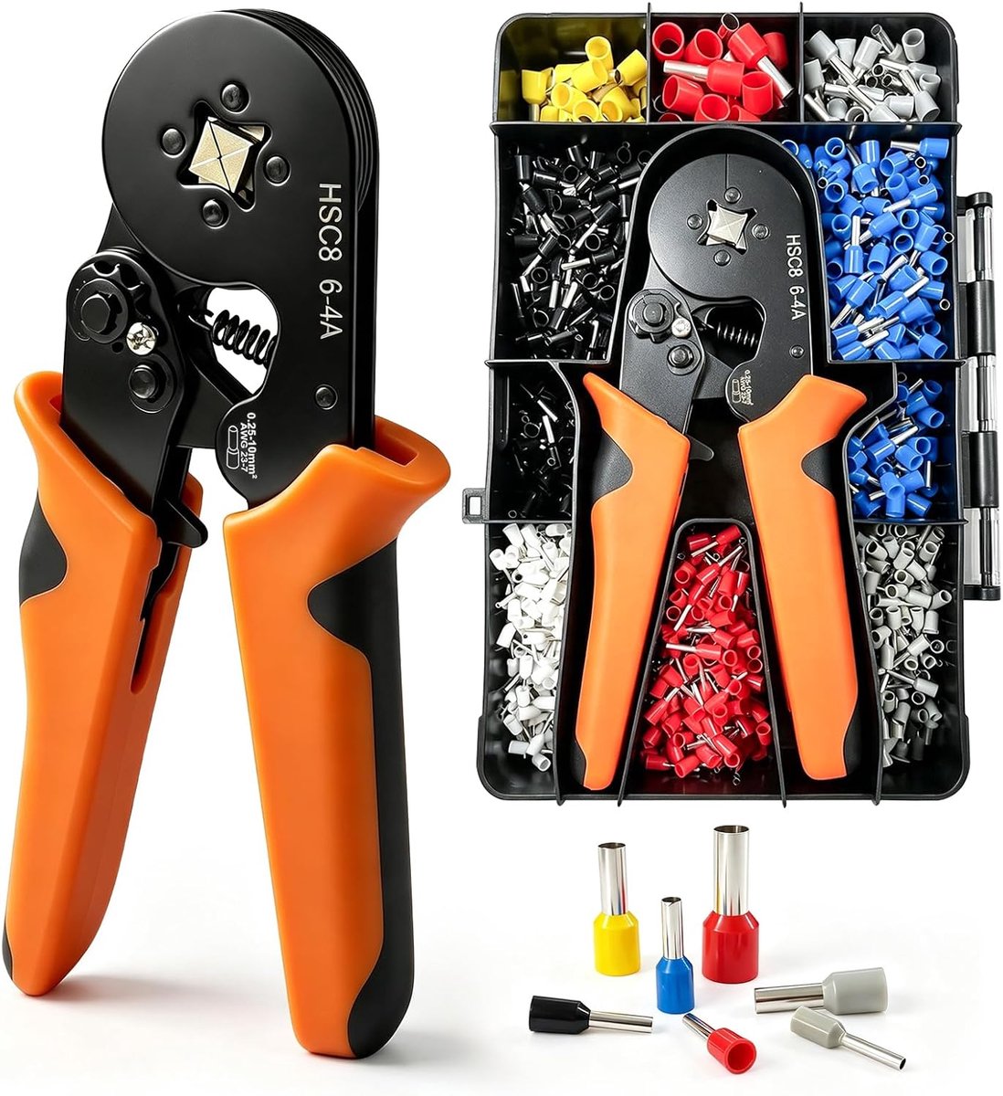 Krimptang, adereindhulzen, set met 1250 kabelschoenen voor 0,25-10 mm² adereindhulzen, zelfinstelbare krimptangset, adereindhulzen, tang, krimptang, krimptang, krimptang, krimptangset
