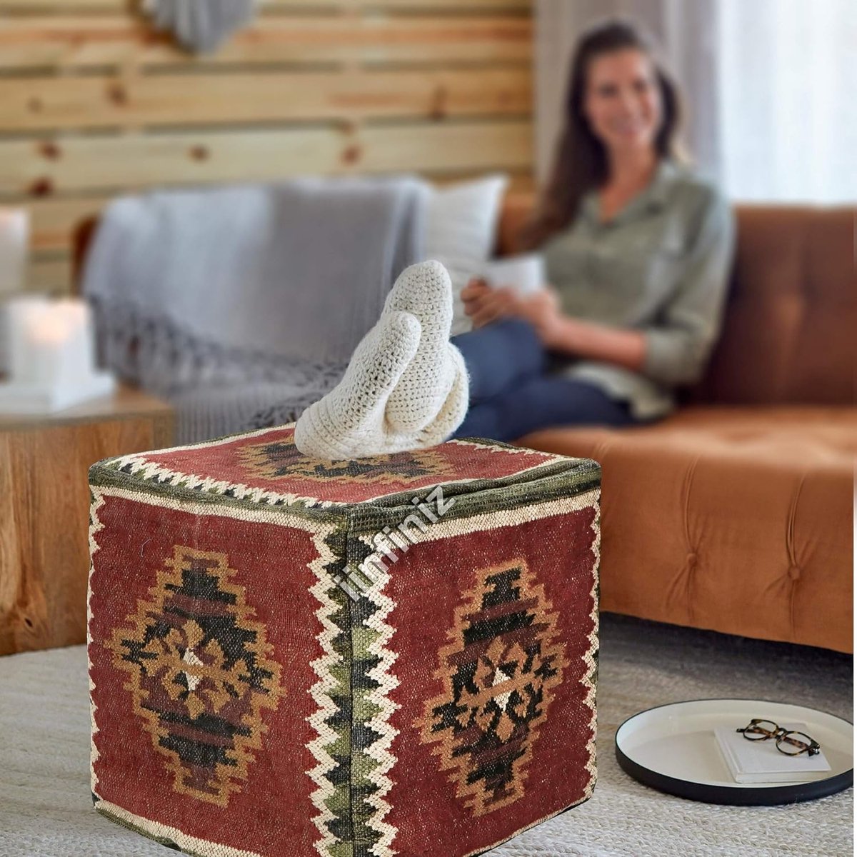 Ottoman pouf cover 18x18 inch - handgeweven wol-jute - traditioneel kilim patroon - perfect als voetensteun - SnelShoppen