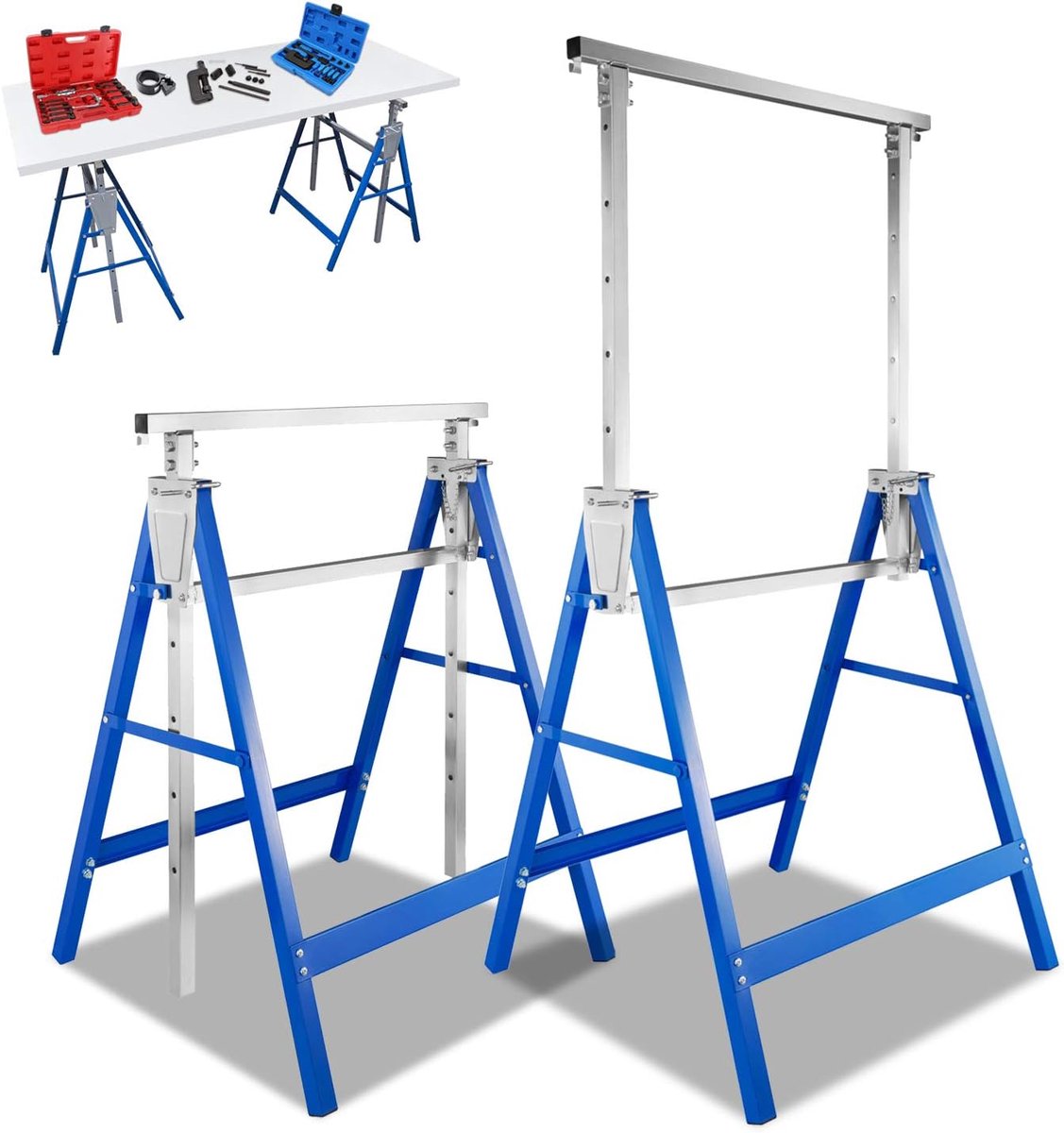 Steigerbok, 2 x onderstelbok, 7-voudig in hoogte verstelbaar 80-130 cm, inklapbaar, metalen bok, klapbok, steiger, werkbok, draagkracht 200 kg, blauw-zilver