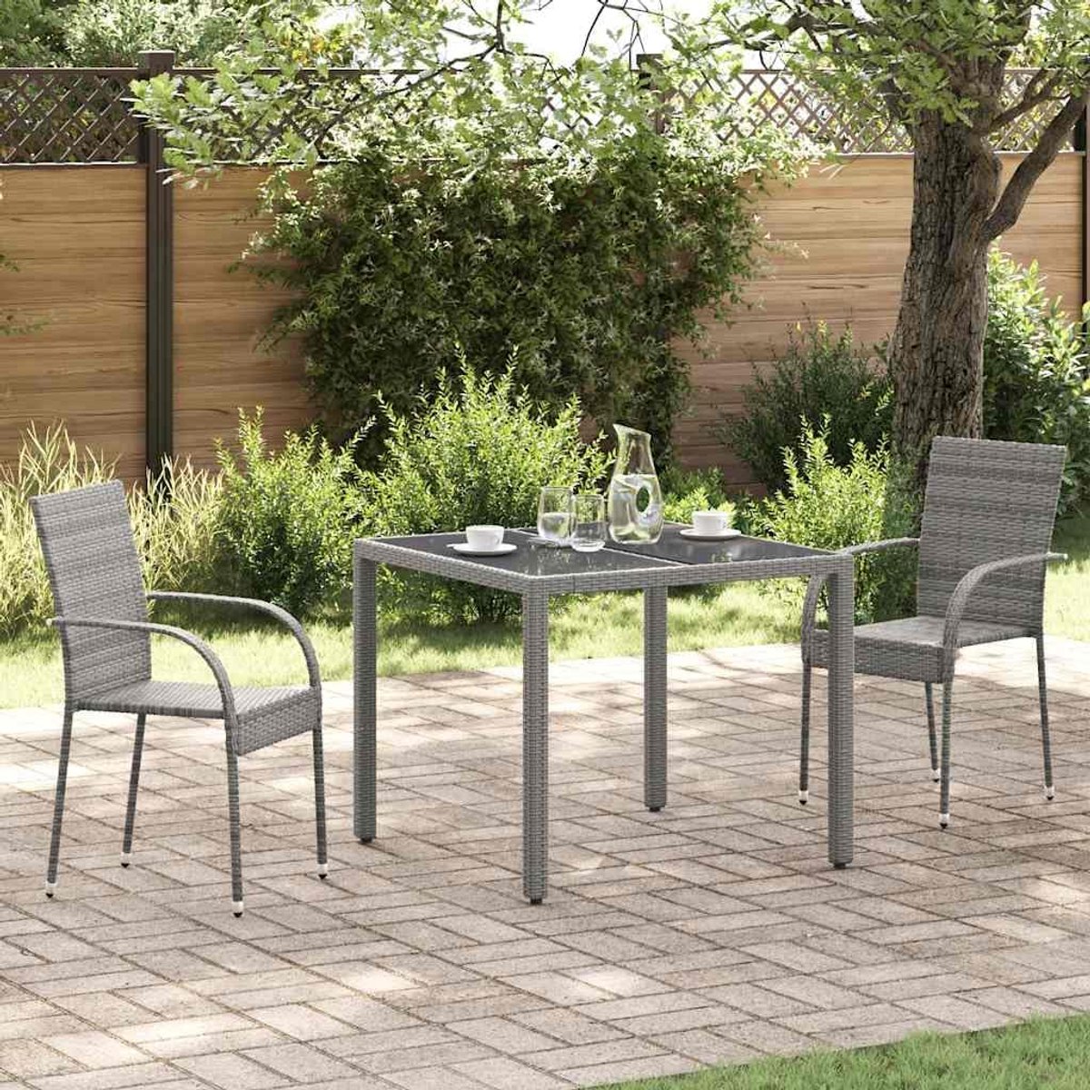 Tuinstoelen polyrotan grijs, 2 stuks, tafelstoelen van waterafstotend PE-rotan, gepoedercoat stalen frame, licht en eenvoudig te monteren, maximale belasting