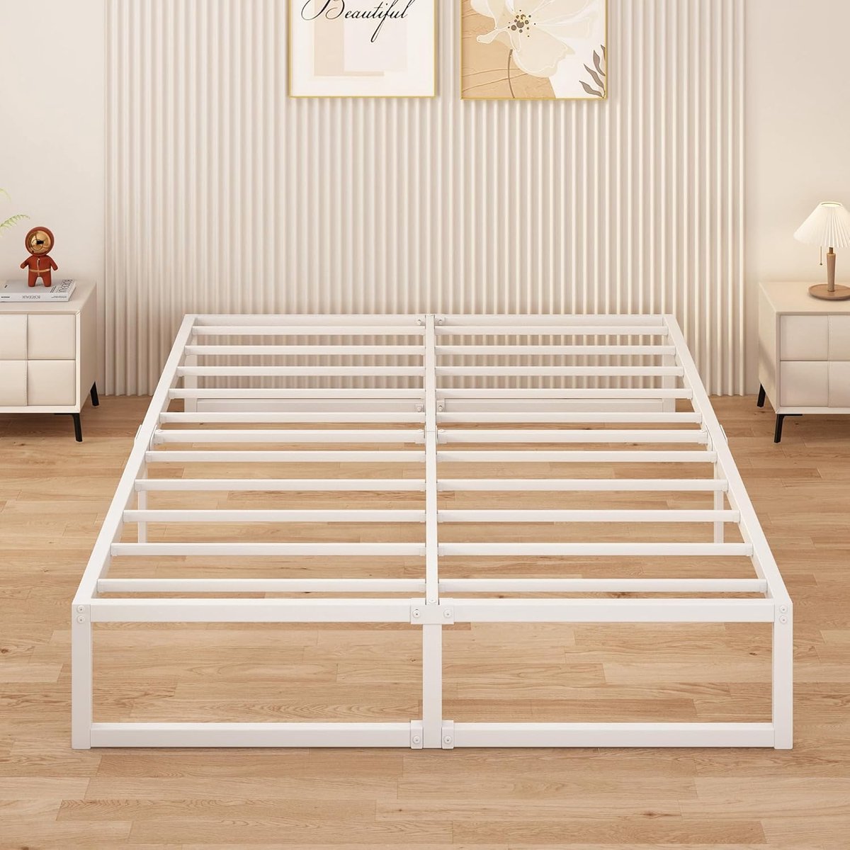 Tweepersoonsbed 160 x 200 cm Metalen Bed Met Lattenbodem, Hoogte 36 cm, Dubbel Bedframe, Stil, Stabiel, Minimalistisch Design, Eenvoudig te Monteren, Wit