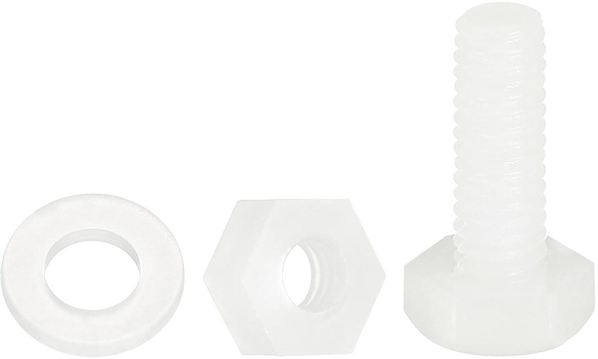 Set van 50 zeskantschroeven, nylon, M4 x 12 mm, zeskantkopschroeven, kunststof, volledige schroefdraad, met moeren en sluitringen, voor industriële accessoires, mechanische elektronica, wit