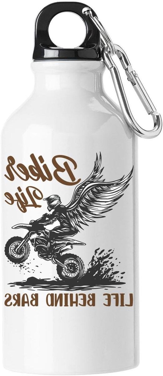 Biker Life Water Bottle - Aluminium Fles - Hydratatie Onderweg - Met Karabijn Haak - 500 ml - Wit