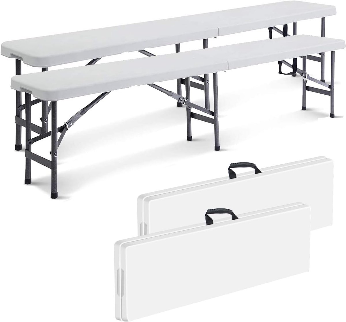 Opvouwbare campingbank, kunststof tuinbank, 2 stuks voor buiten, kunststof, voor feest, barbecue, picknick, 2 tot 4 personen, opvouwbaar in twee, 183 x 30 x 43 cm