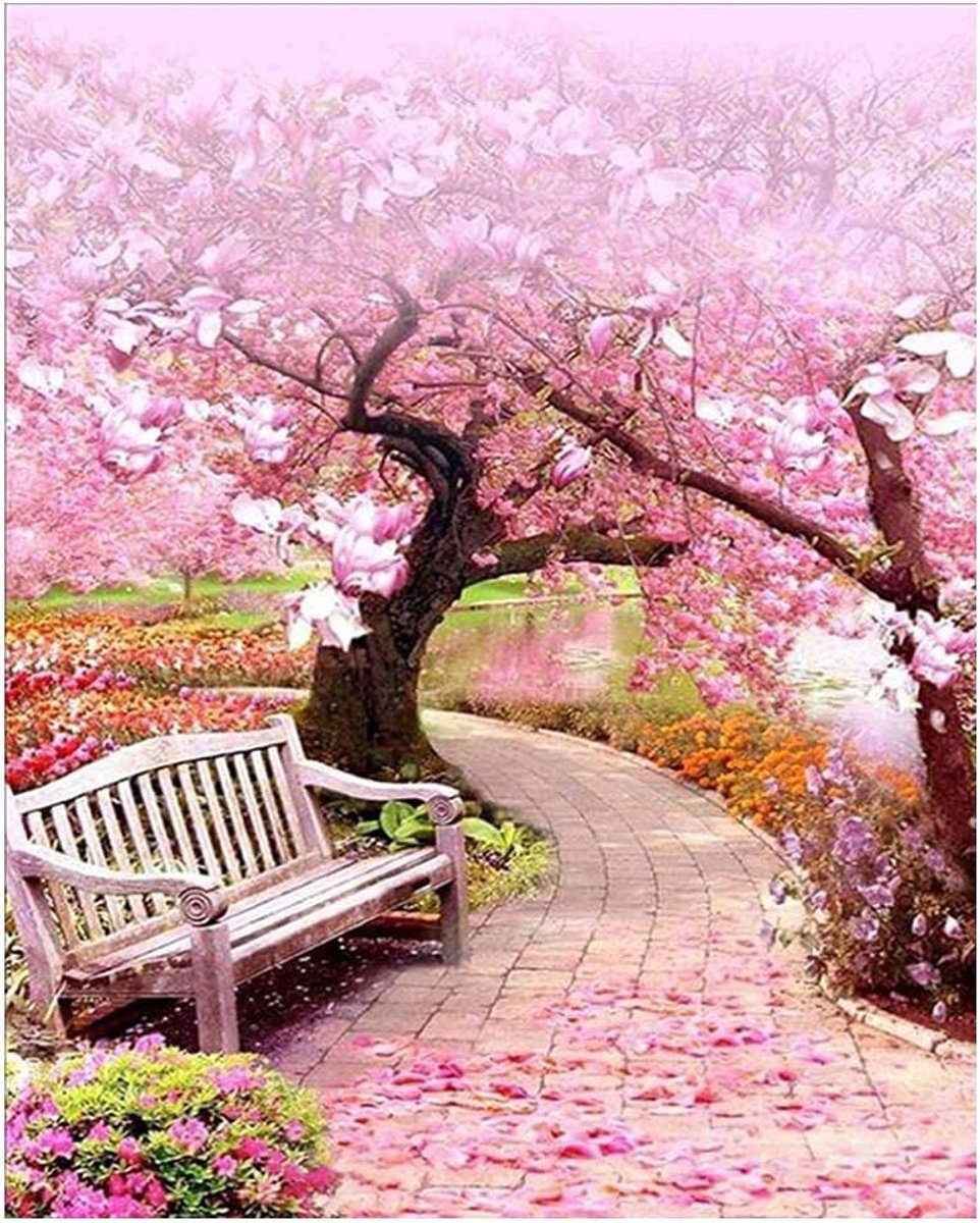 (40x50cm) DIY 5D Square Diamond Painting by Number Kit Square Diamond Art Cherry Blossom Road Crystal Rhinestone Embroidery Supplies Cross Stitch Ornaments Arts Craft Canvas Wall Decor