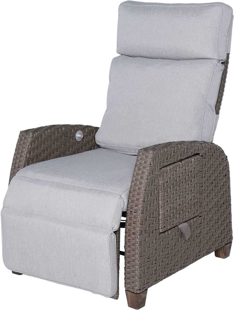 Patio Relaxligstoel, ligstoel met zitkussen, tuinstoel, verstelbare rugleuning, rotan, zonnebed voor binnen, buitengebruik, beige zitkussen en bruin rotan