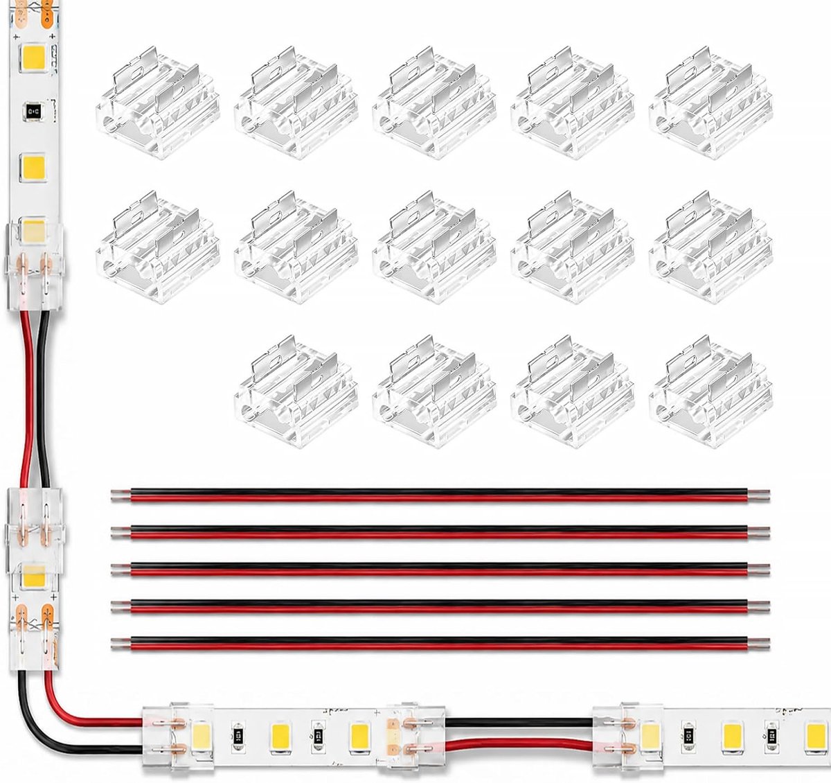 Connectorset voor 8 mm COB FCOB ledstrips, 14 transparante stekkers en 5 stuks verlengkabels van 15 cm, soldeervrije hoekverbindingen, accessoires voor eenkleurige ledstrips