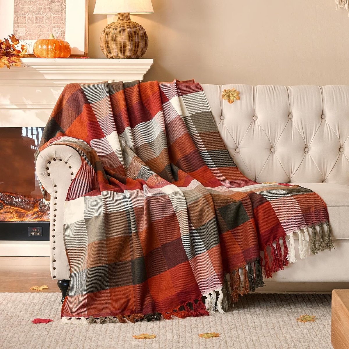 Roest geruite deken, gezellige zachte herfst franje dekens voor bank slaapbank, lichtgewicht rood geruite gooit acryl kasjmier zoals sjaal, herfst boerderij Thanksgiving woondecoratie cadeau