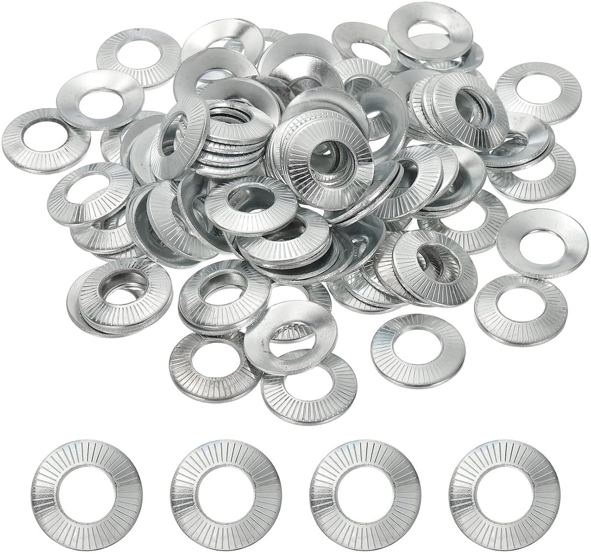 Platte sluitringen, M10 x 22 x 1,5 mm, 100 stuks, staal, 65 mm, conisch, geribbeld, voor auto-industrie, bouw (zilver in zink)