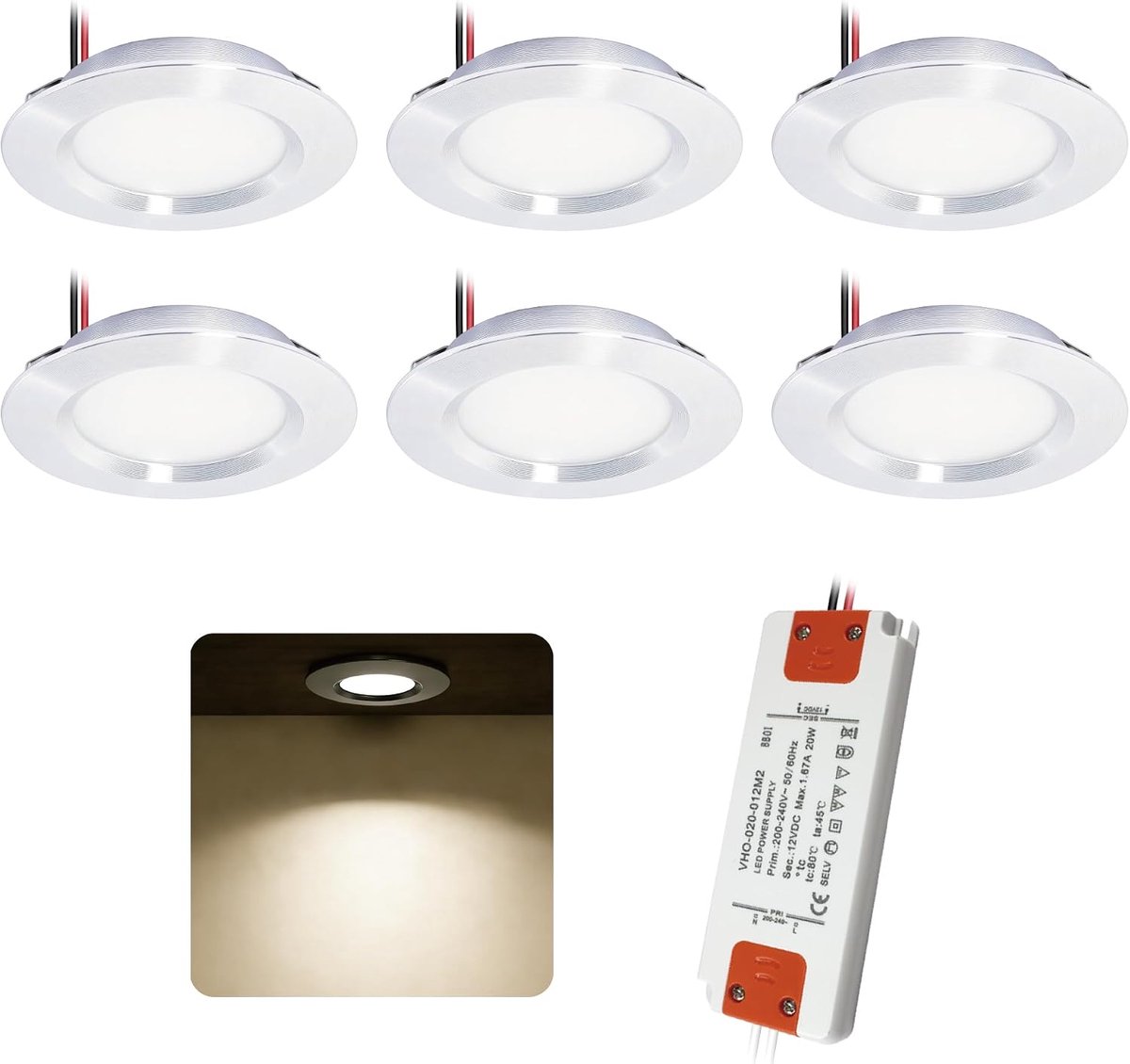 6 Stuks LED Inbouwspots Voor Plafond 3W 12DC, Verzonken Spotlights Met 230V Trafo, Ultra Dun Uitsparingsmaat Φ55-58MM Spotlights Voor Badkamer Slaapkamer Keuken Woonkamer Kast(Zilver Warm Natuurlijk)