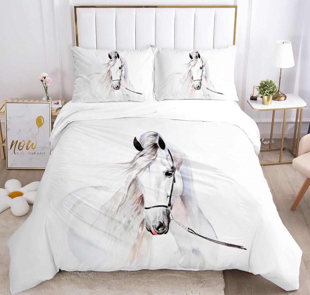 SnelShoppen - Kinderbedlinnen Set Paarden, 220 x 240 cm, Duvet Cover en Kussensloop, 3D Dier Motief, Zacht Microfibre, Perfect voor Jongens en Meisjes