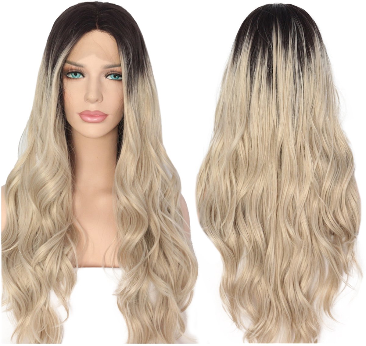 Lange Krullende Kanten Pruik - Ombre Blond