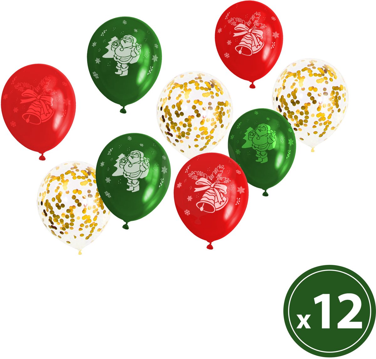 Ballonnenset - rood, groen, goud, met kerstmotieven - 12 stuks / verpakking 1 Stuks [58754]