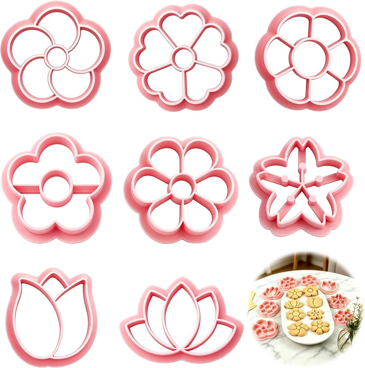 Koekjesuitsteekset bloemen 8-delig - mini uitsteekvormpjes - roze - voor creatief bakken - ShopVlot