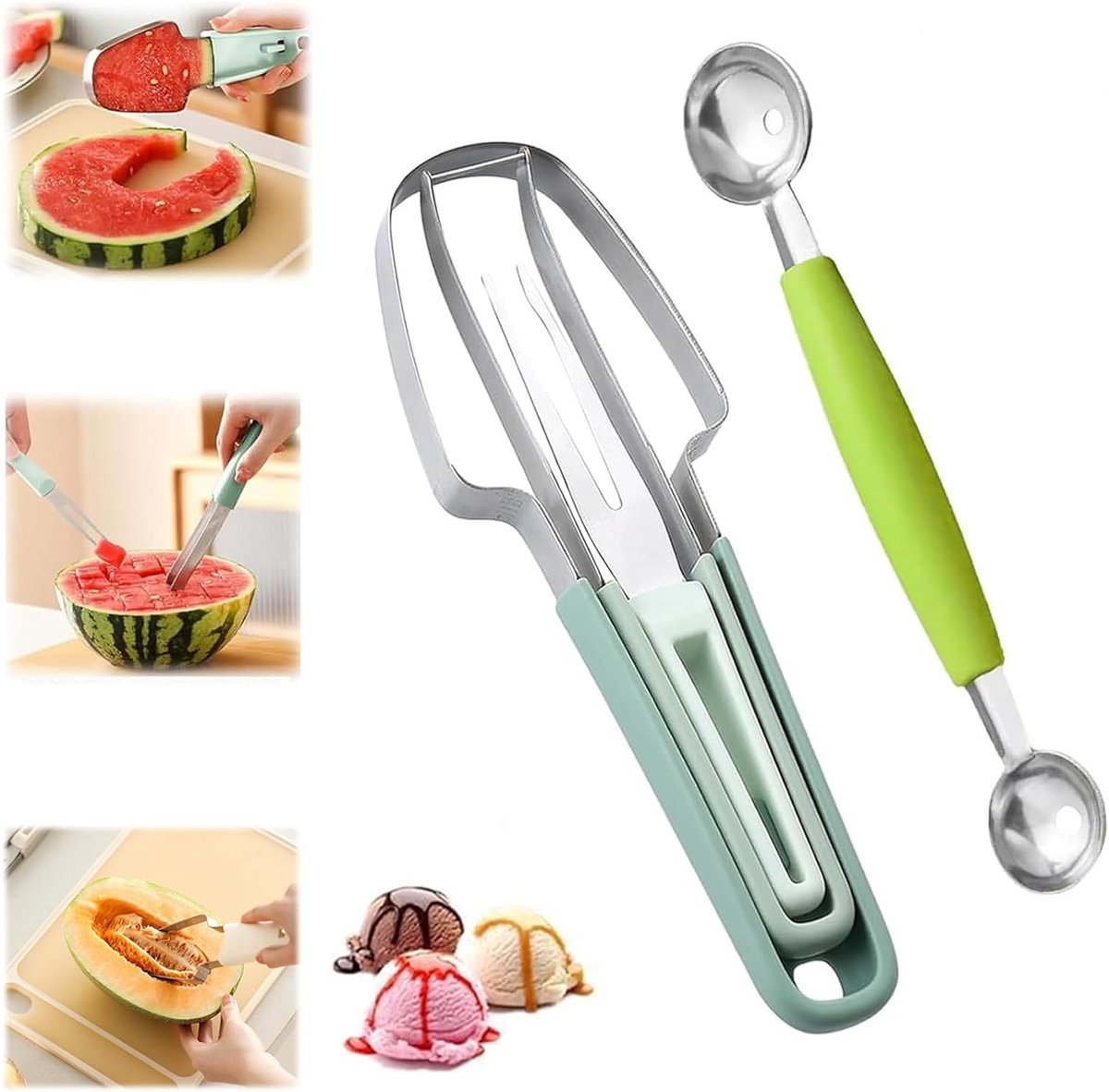 Meloensnijder 3-in-1 - RVS - met ball cutter - ideaal voor fruitsalades - ShopVlot