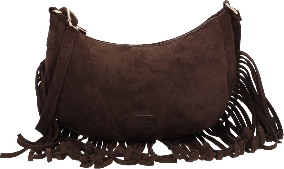 Beagles Chino Crossbodytas - Faux Suède - Schoudertas - Damestas - Franjes - Bohemian - Verstelbare Schouderband - Donkerbruin
