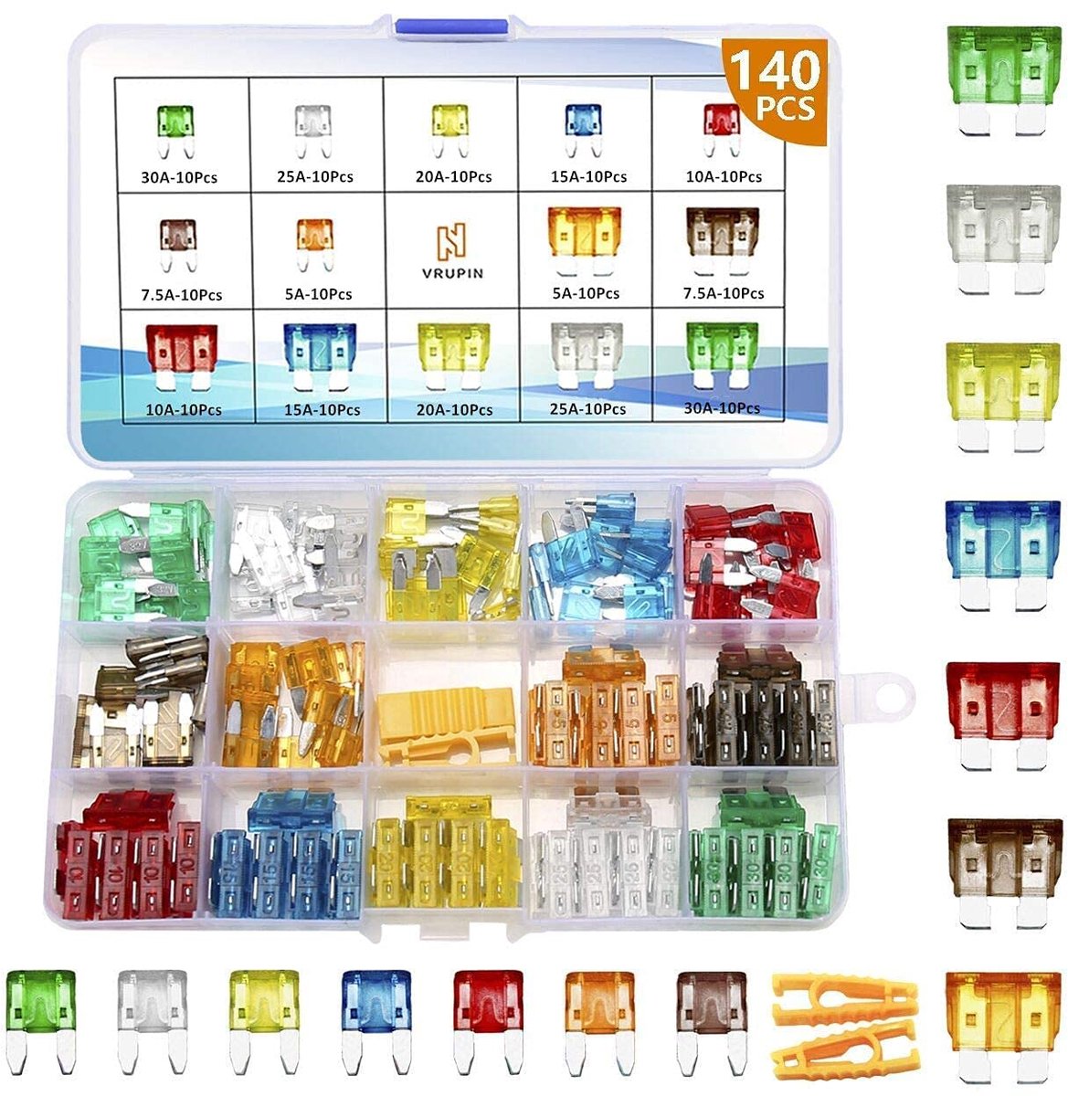 Autozekeringen assortiment 5A tot 30A - standaard en mini - 140-delig met opbergdoos - perfect voor auto-onderhoud - ShopVlot