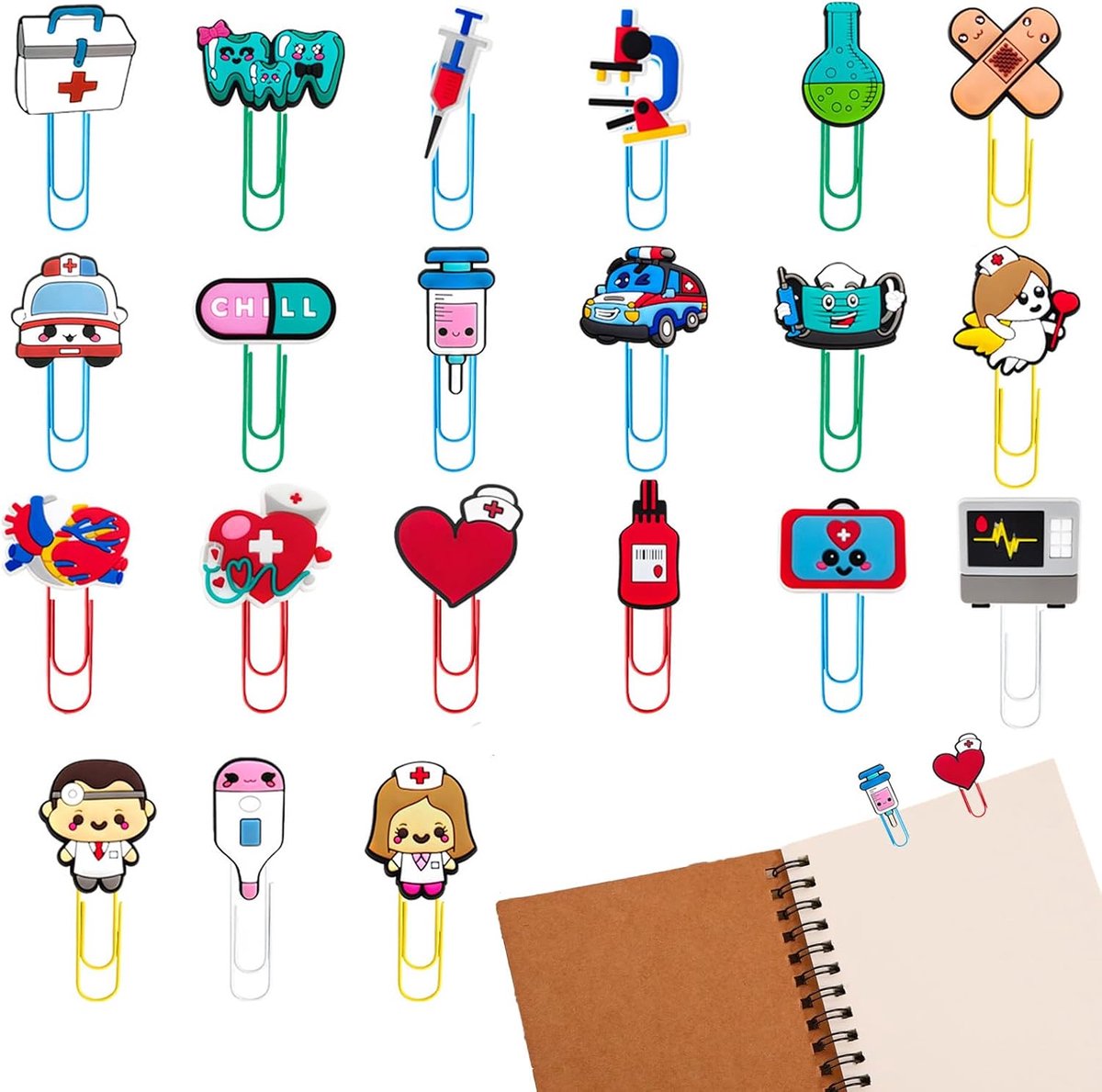Boekmarker en Paperclip Set - 21 Kleurrijke Ontwerpen - Speelse Medische Vormen - Ideaal voor Medisch Personeel - ShopVlot