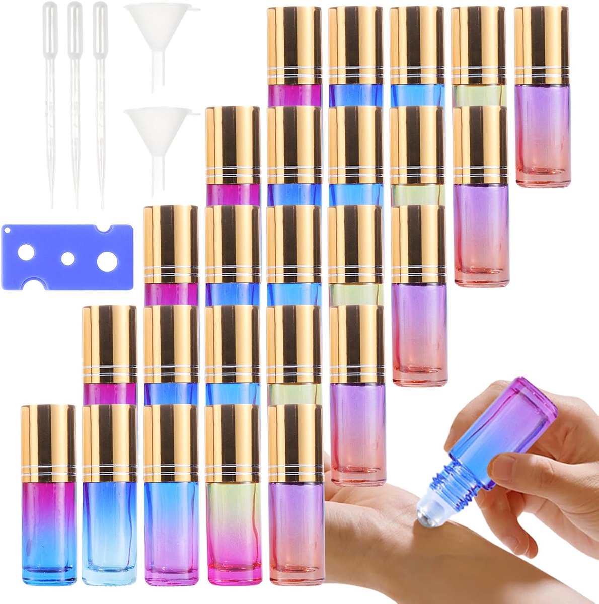 Roll-on glazen flesjes 7 ml - multikleur - 25 stuks - met roestvrijstalen rollerball - ideaal voor essentiële oliën - ShopVlot