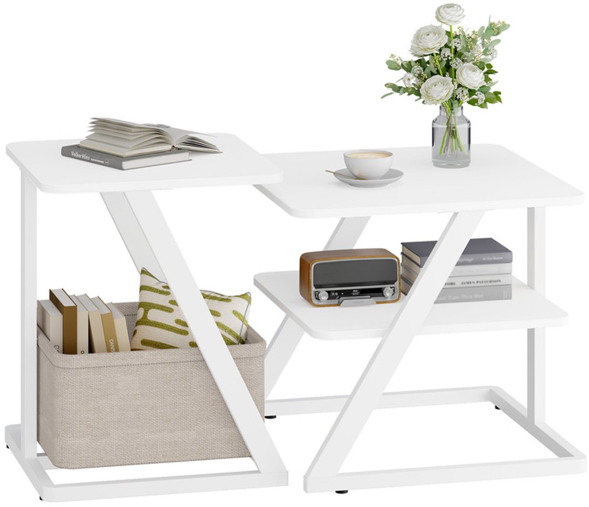 Hzuaneri Salontafelset (2 stuks), bijzettafel met opbergruimte, wit, woonkamertafel met stoffen mand, geschikt voor woonkamer, slaapkamer en balkon
