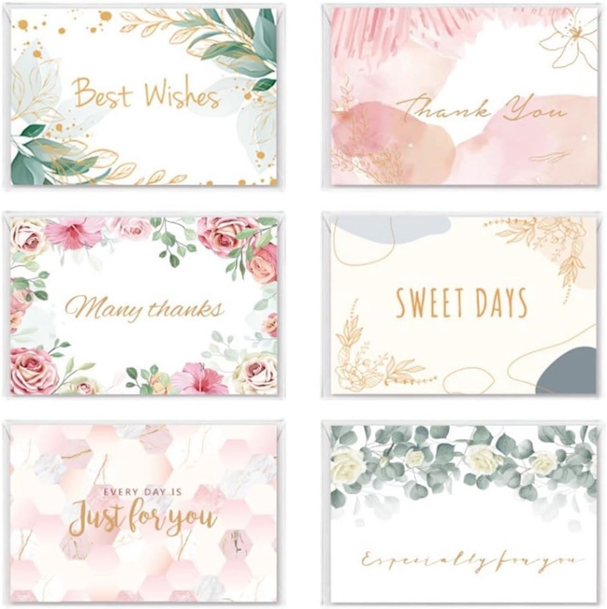 Wenskaarten set - 6 elegante ontwerpen - waterverf bloemen - voor verjaardagen en bedankjes - ShopVlot