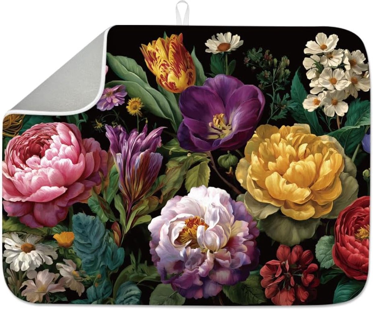 Afwasmat vintage bloemen 45x51cm - absorberend microfiber - antislip onderkant - houdt aanrecht schoon - ShopVlot