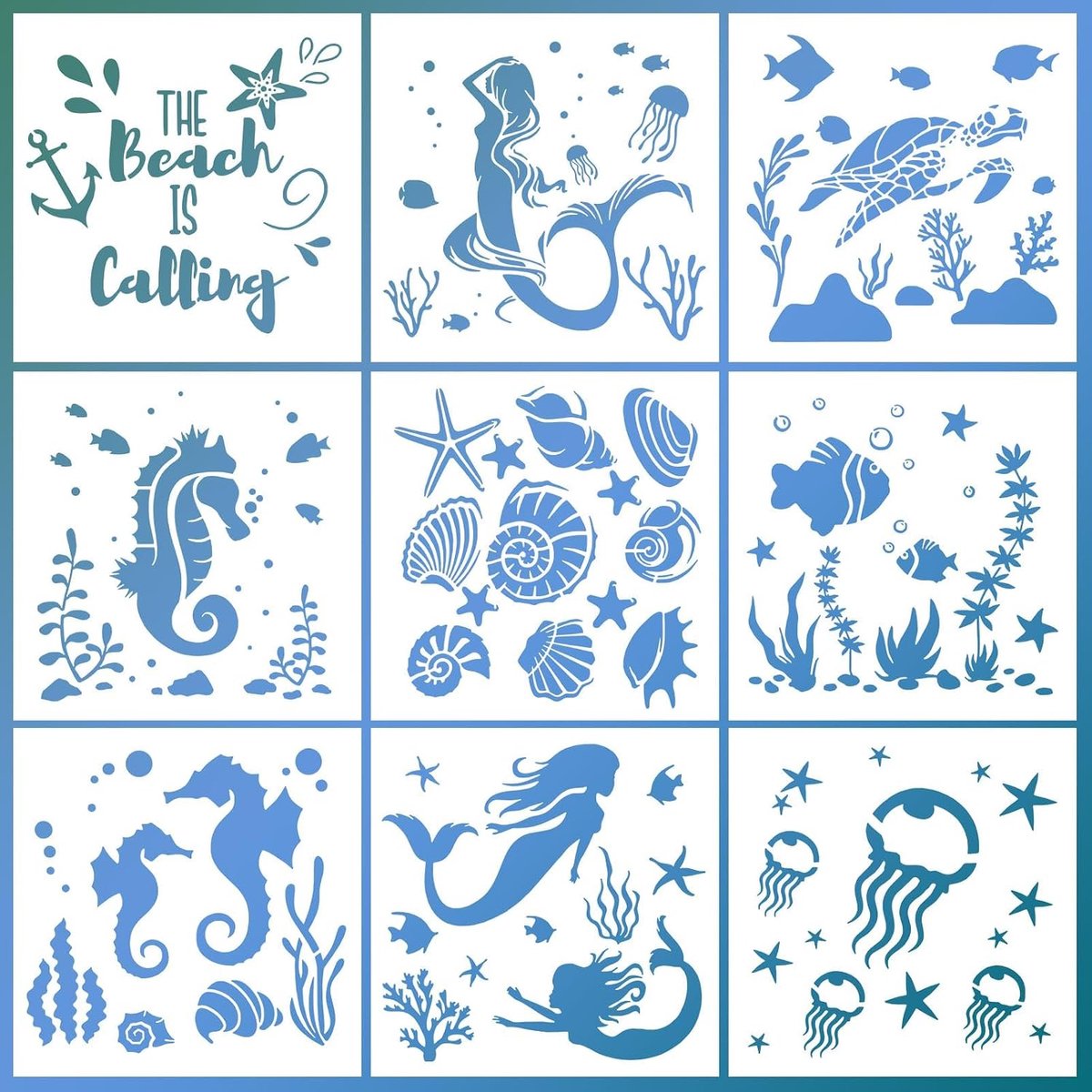 Schilderstencils zeedieren 20x20cm - herbruikbare sjablonen - voor schilderen en knutselen - ShopVlot
