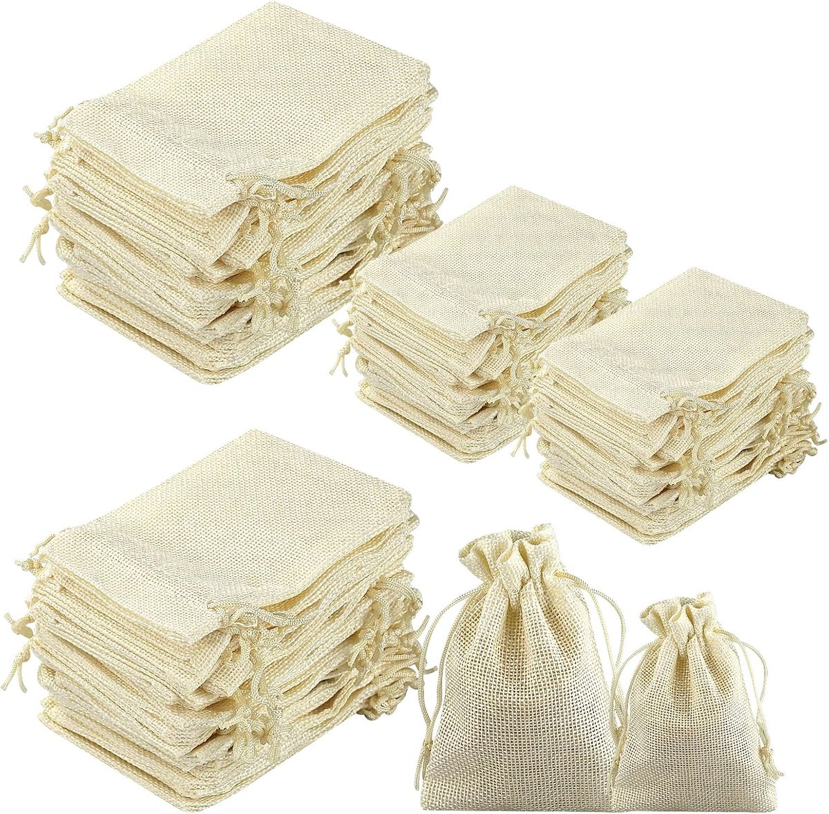 Stoffen zakjes met trekkoord 100 stuks - 7 x 9 cm en 10 x 12 cm - herbruikbaar - ideaal voor feestjes - ShopVlot