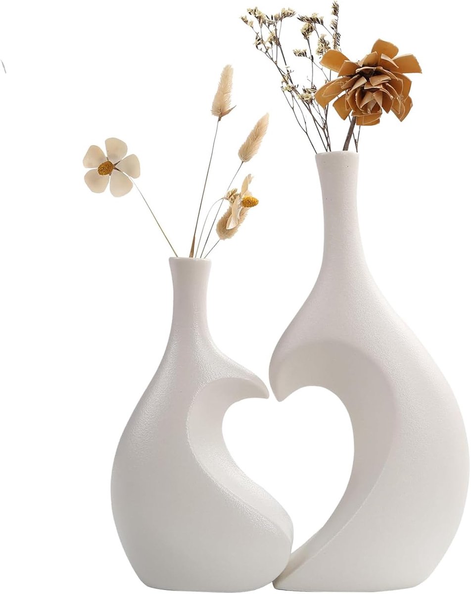 Witte keramische vazen set (set van 2) - hartvormige vazen - matte afwerking - sfeervolle decoratie voor woonkamer - ShopVlot