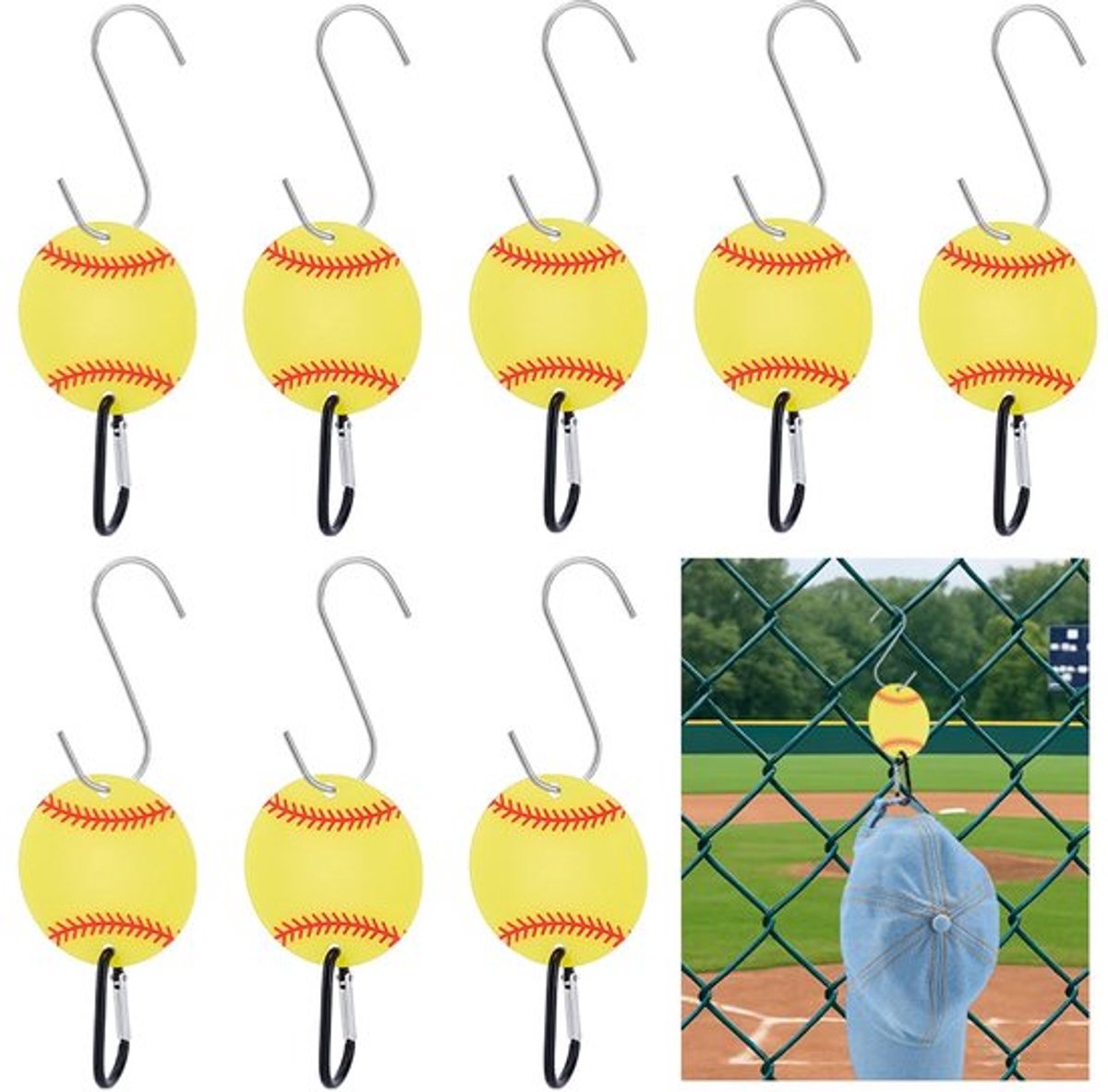 8 sets tashaken voor hekwerk, acryl sportbal hekwerkhaak met zware S-haken en sleutelsluitingen voor batpack waterflesliefhebber speler geschenken, geel, 75x2,6 mm, gat: 2,6 mm