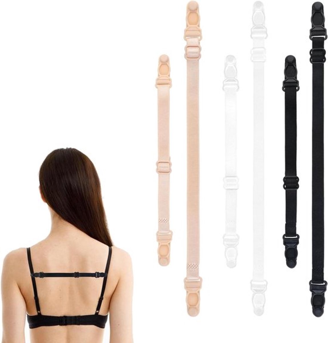6 stuks BH-riemclips voor dames - verstelbare beha-bandverlenger in wit, zwart en Beige