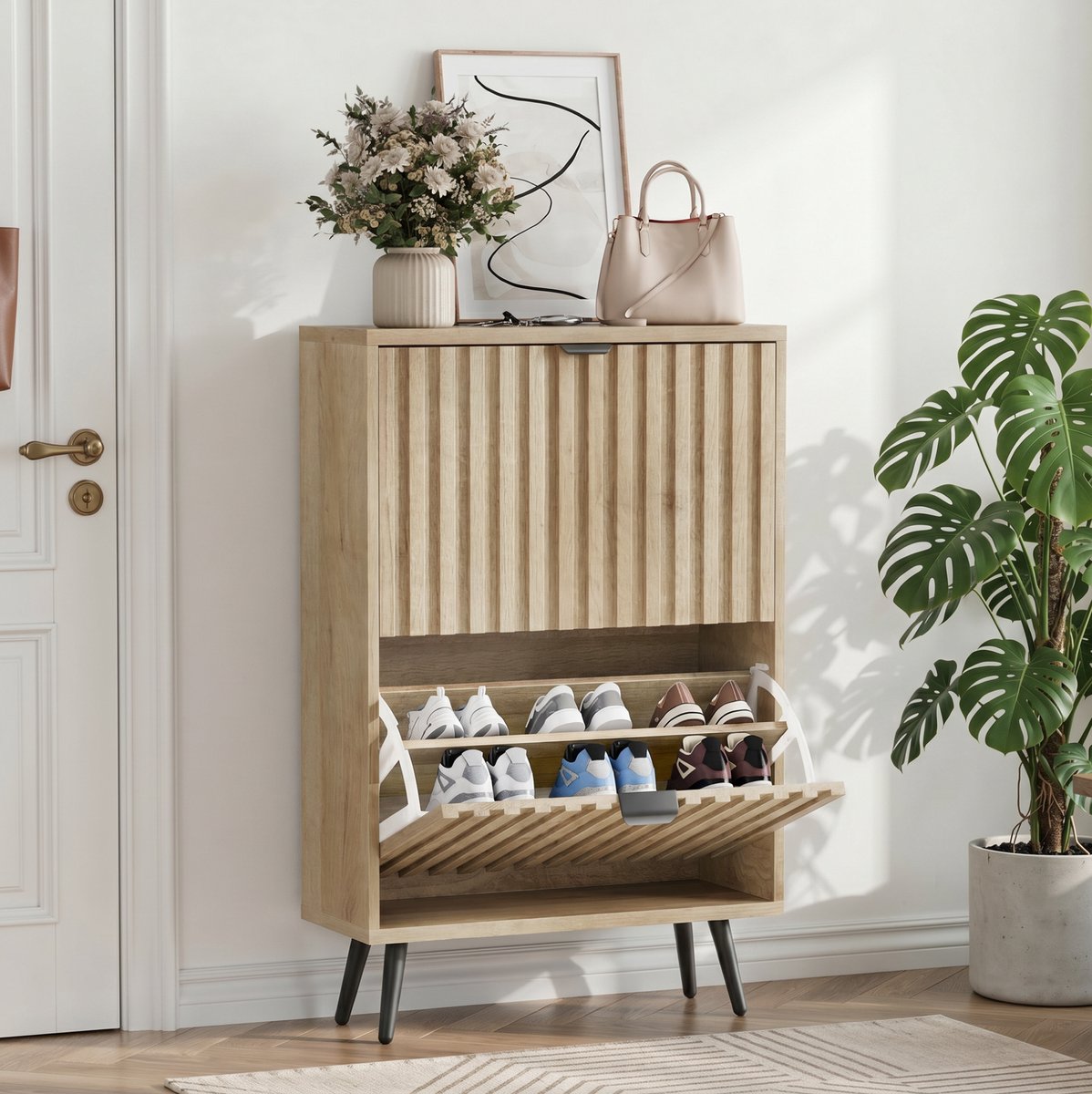 MODENUIT Schoenenkast - Staand Rek Met Twee Kleppen - Voor Hal En Woonkamer - MDF En Spaanplaat - Eik - 60 Cm