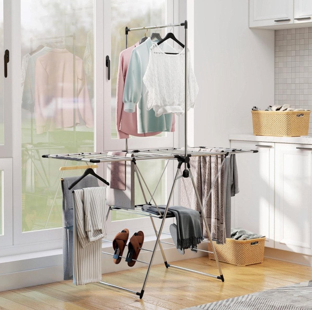 Droogrek Inklapbaar Met Verstelbare Vleugels En Schoenhouders 156,5 X 68 X 192 Cm Rvs Zilver Voor Ruimtebesparend Wassen
