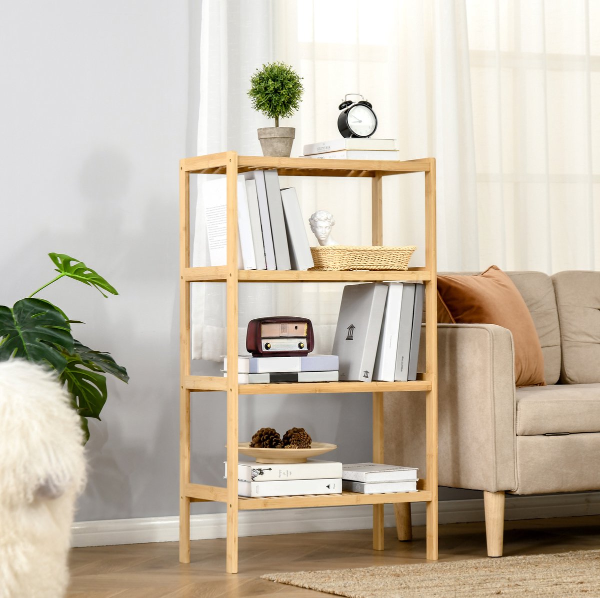 Boekenkast Vier Planken Bamboe 62 X 33 X 112 Cm Naturel Open Opbergkast Voor Woonkamer Keuken Balkon En Badkamer