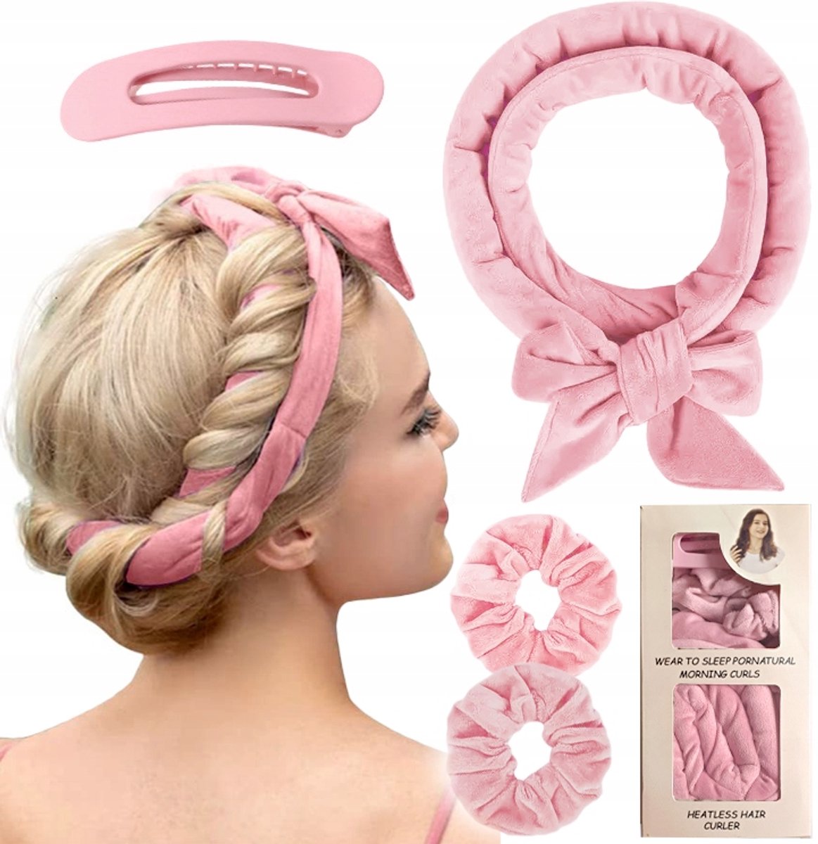 Velours Haarrollerset voor Hitevrije Curlen met Clip - Roze